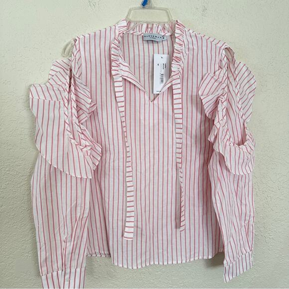 NWT Harshman Indre White Pink Striped Cutout Long Sleeve Cotton Blouse Medium - Picture 3 of 7
